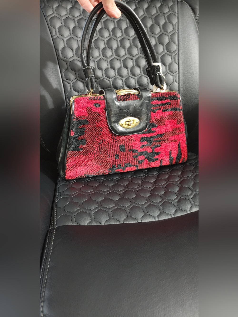 Black and Red Textured Top-Handle Women's Bag